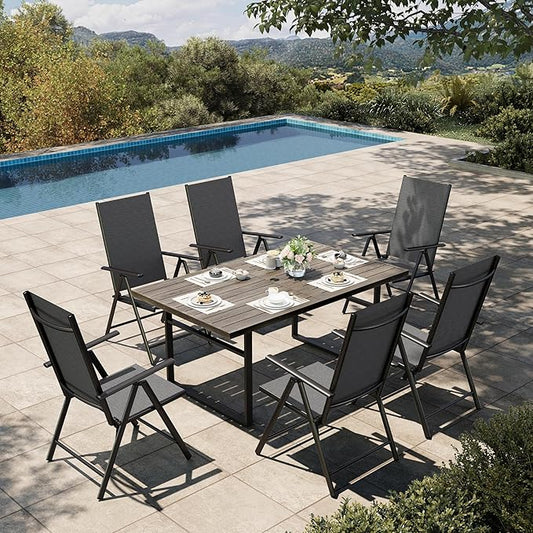 HERA'S HOUSE 7-Piece Outdoor Dining Set for 6, 64" Weather-Resistant Metal Patio Table with 6 Foldable Black Chairs, Perfect for Garden, Backyard, Porch & Lawn (Space-Saving Design)