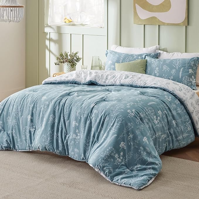 Bedsure Queen Comforter Set - Mineral Blue Bed Set, 3 Pieces Cute Floral Bedding, 1 Soft Reversible Botanical Flowers Comforter and 2 Pillow Shams