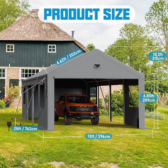 13x25 Carport Canopy, Heavy Duty Car Ports with Sidewalls, Portable Garage Carports with Roll Up Zipper End & Side Doors, Grey