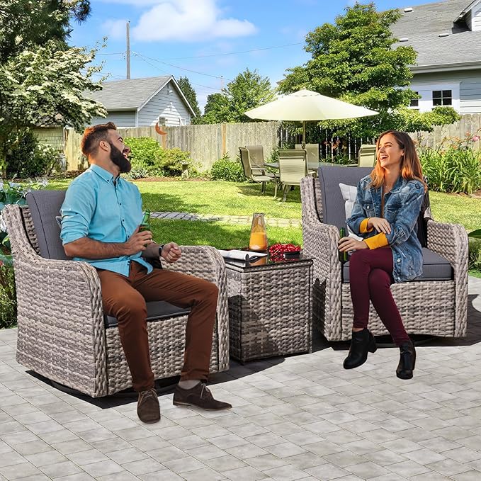 3 Pieces Patio Furniture Set, Outdoor Swivel Rocker with Washable Cushions & Tempered Glass Tabletop, Outdoor Rattan Conversation Set for Lawn Backyard Porch (Grey)