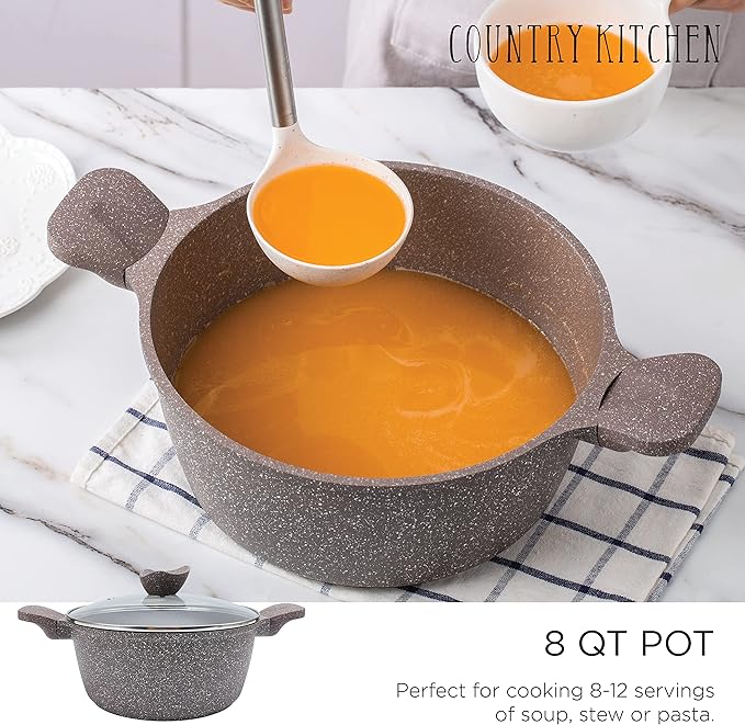 Country Kitchen Non-Stick Cast Aluminum Cookware Set - Durable Kitchen Cookware for Everyday Cooking, Chocolate Brown, 6 Pc.