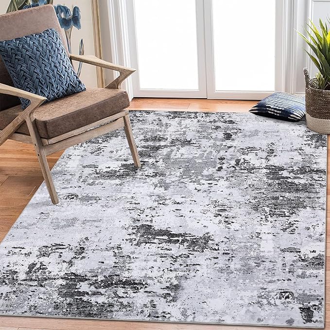 6x9 Modern Abstract Area Rug Non Slip Non Shedding Low Pile Stain Resistant Rug Soft Carpet for Bedroom Living Room, Grey