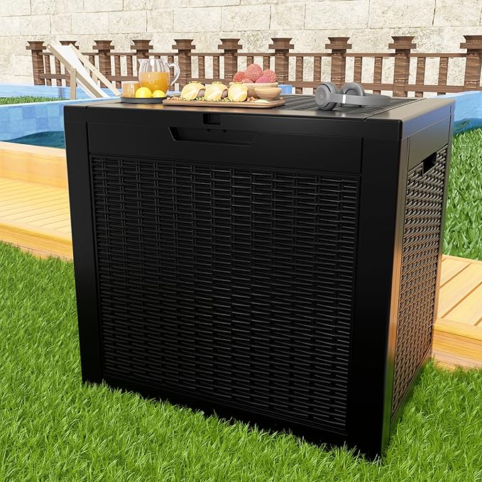 31 Gallon Outdoor Deck Box,Storage Lockable Waterproof Patio Furniture,Garden Tools,Cushions,Pool Accessories Outside Storage Resin Box(Black)