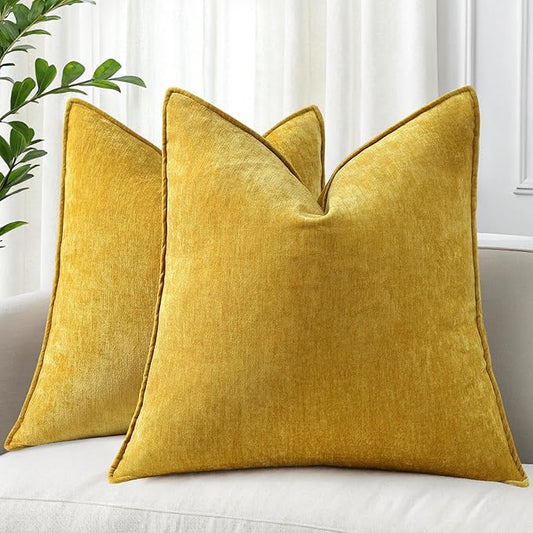 decorUhome Fall Couch Throw Pillow Covers 20x20 Set of 2, Decorative Soft Euro Neutral Chenille Pillow Covers with Elegant Design for Sofa Bed Living Room Home Decor, Mineral Yellow