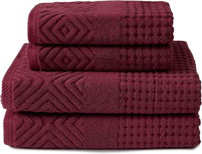 Texere 100% Organic Cotton Diamond Jacquard 700 GSM Luxury Bath Towel Sets - Ultra Soft and Absorbent Hotel and Spa Quality (Diamond, Merlot, 2 Bath & 2 Hand Towels)