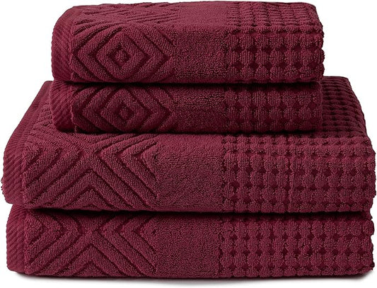 Texere 100% Organic Cotton Diamond Jacquard 700 GSM Luxury Bath Towel Sets - Ultra Soft and Absorbent Hotel and Spa Quality (Diamond, Merlot, 2 Bath & 2 Hand Towels)