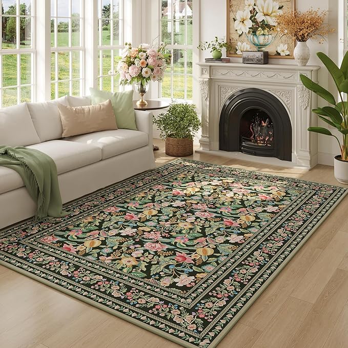 5x7 Washable Rug Vintage Floral Area Rug Non Slip Low Pile Large Rugs for Living Room, Bedroom, Farmhouse, Dining Room, Kids Playroom, Green