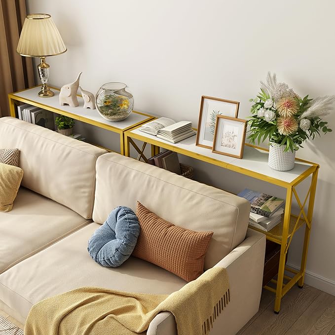 Hoctieon Gold Console Table, 3 Tier Entryway Table, Hallway Table, Narrow Sofa Table with Shelves, Entrance Table for Entryway, Gold and White