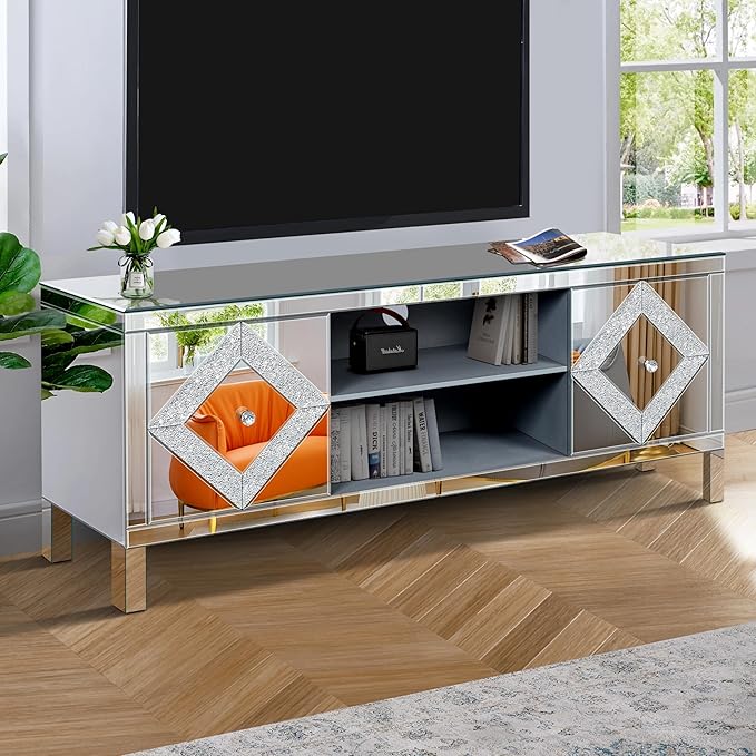 Goujxcy Mirrored TV Stand for 65+ inch TV,Sliver TV Console Table with Open Storage & 2 Storage Cabinets,Diamond Shape Mirror Doors for Living Room (B)