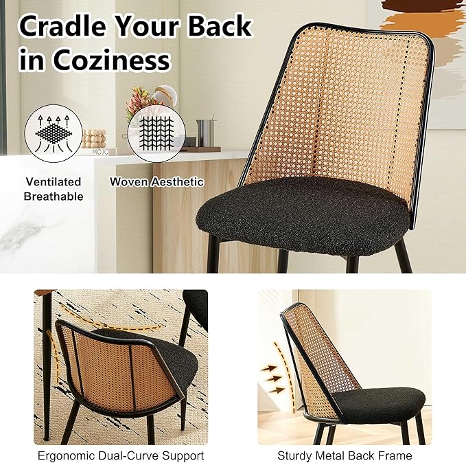 Modern Rattan Dining Chairs Black Set of 4, Upholstered Dining Room Chairs Boucle Woven Cane Kitchen Dining Accent Chairs for Reception Rooms, Restaurant