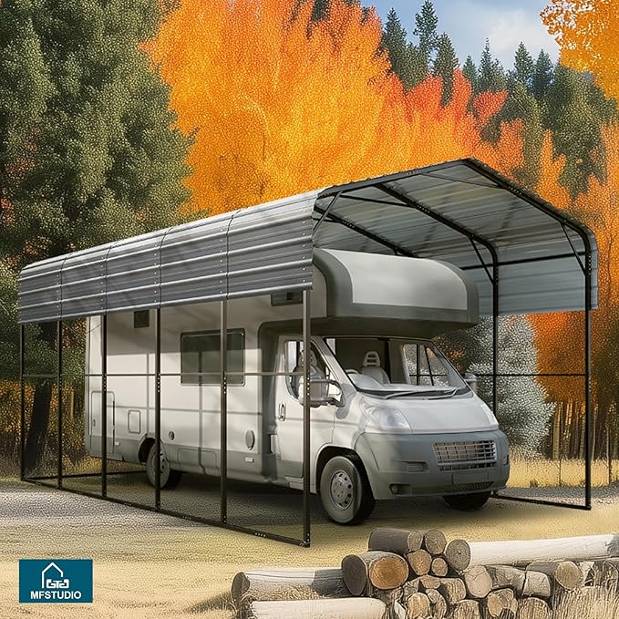 MFSTUDIO RV Carport 14x25 ft, Outdoor Heavy Duty Carports, Height 13 ft for Large RVs Metal Shed Canopy Shelters Garage Shelter Shade Car Ports with Galvanized Roof for Cars, Truck and Boats ﻿