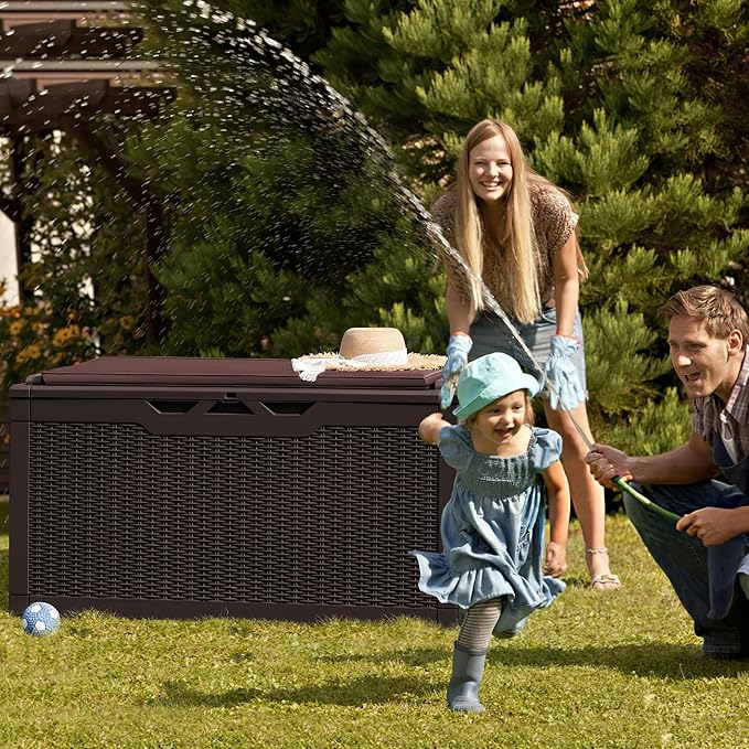 Greesum 100 Gallon Resin Deck Box Large Outdoor Storage Boxes with Cushions for Garden Tools, Patio Furniture Pillows, Pool Supplies, Dark Brown
