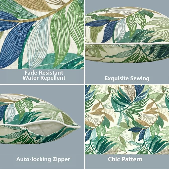 LVTXIII Outdoor Lumbar Pillow Covers 12"x20", Covers ONLY, 2 Pack 30x50cm Lumbar Cushion Cover with White Piping for Home Patio Garden Sofa Bench, Lush Leaf Green