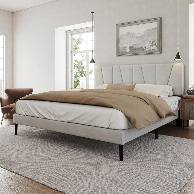 Full Size Bed Frame with Fabric Upholstered Headboard, Platform Bed with Wooden Slats Support, Fully Mattress Foundation, Box Spring Optional, Easy Assembly