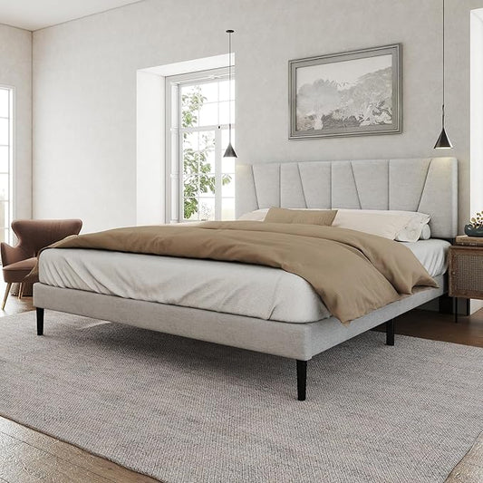 Full Size Bed Frame with Fabric Upholstered Headboard, Platform Bed with Wooden Slats Support, Fully Mattress Foundation, Box Spring Optional, Easy Assembly