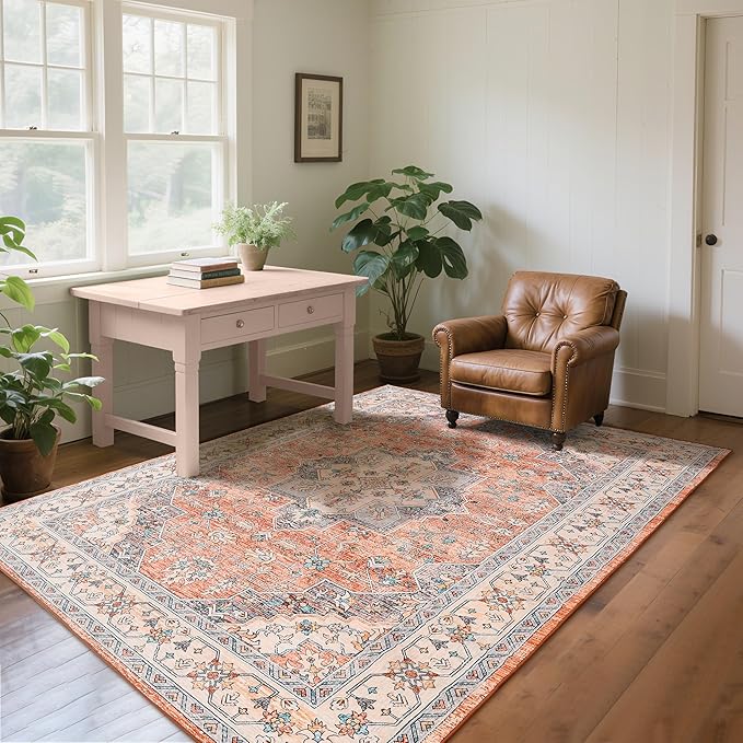 Living Room Rug 6x9 Rug, Machine Washable Area Rug Non Slip Low Pile Vintage Rug for Living Room, Bedroom, Farmhouse, Dining Room, Kids Playroom, Orange
