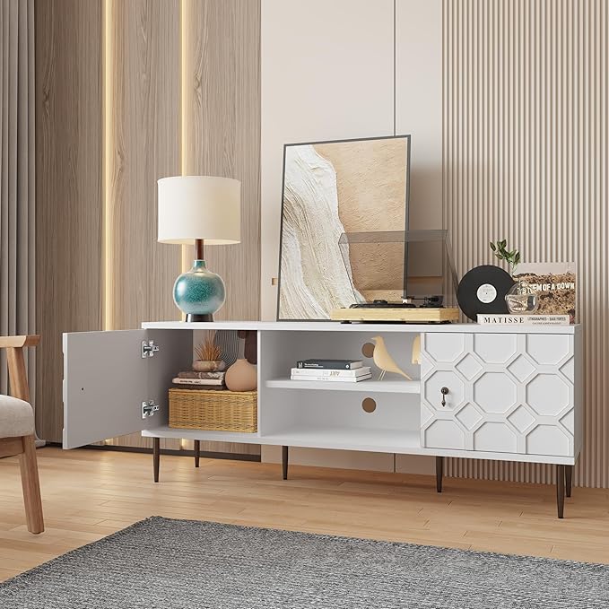 Modern TV Stand for 65/70inch TV, Entertainment Center with Storage Cabinet and Open Shelves, Embossed Pattern TV Stand, TV and Media Console for Living Room, Bedroom, White