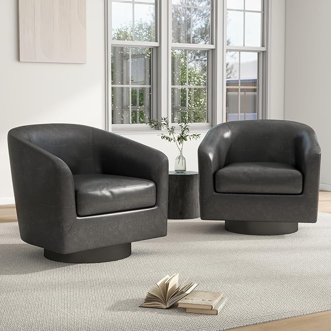 Swivel Barrel Chair, Modern Round PU Leather Accent Armchair for Living Room, Bedroom, Oversized Comfy Club Reading Chairs for Adults (Leather Black Grey, Set of 2)