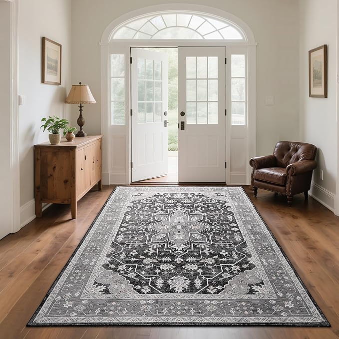 Vintage Area Rug 5x7 Rugs, Machine Washable Rug Non-Slip Low Pile Rug for Living Room, Bedroom, Farmhouse, Dining Room, Grey