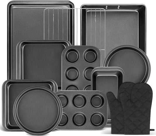 12PCS Nonstick Baking Pans Set - Stackable Bakeware Sets with Wider Grip, Carbon Steel Baking Set Including Cookie Sheets for Baking, Muffin Pan, Loaf Pan, Cake pan, Roasting Pan, Oven Mitts