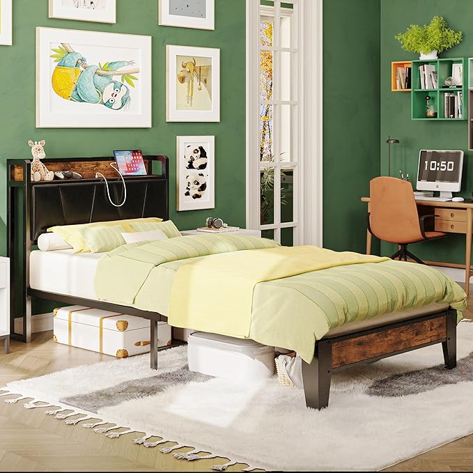 LIKIMIO Twin XL Bed Frames, Storage Headboard with Charging Station, Solid and Stable, Noise Free, No Box Spring Needed, Easy Assembly (Vintage and Black)