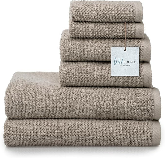 Welhome Franklin 100% Cotton Popcorn Textured Towel Set - 6 Piece 600 GSM, Soft & Plush, 2 Bath Towels, 2 Hand Towels, 2 Washcloths, Taupe