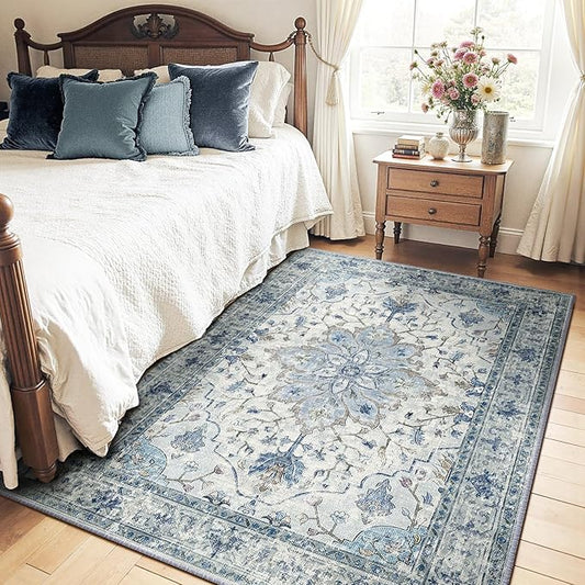 Area Rugs 4'x6' Washable Non-Slip, Floral Vintage Distress Print Pattern Medallion Carpet for Living Room Bedroom Dining Room, Light Blue Navy Beige Gray White