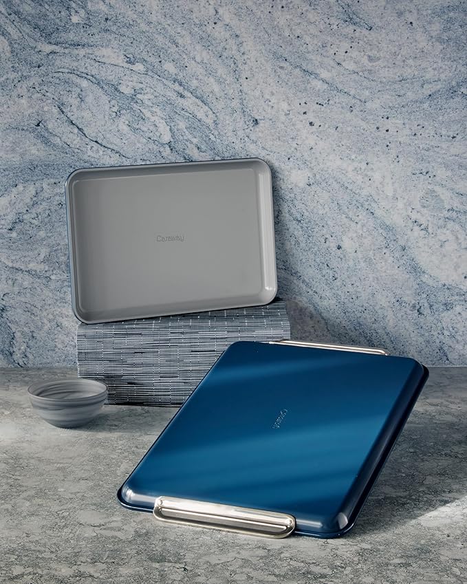 Caraway Non-Stick Ceramic Baking Sheet Duo - Naturally Slick Ceramic Coating - Non-Toxic, PTFE & PFOA Free - 18 x 13" Large & 15 x 10" Medium - Navy