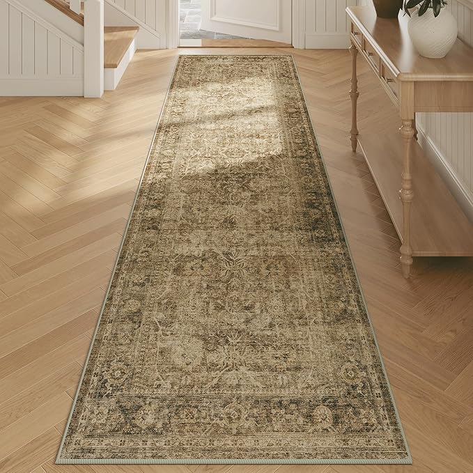 Fmfunctex 2x8 Runner Rug Brown Washable Vintage Neutral Distressed Non Slip Low Pile Indoor Carpet Soft Retro Floral Hallway Entryway Rug for Kitchen Living Room Bedroom Bathroom Laundry Entry Bedside