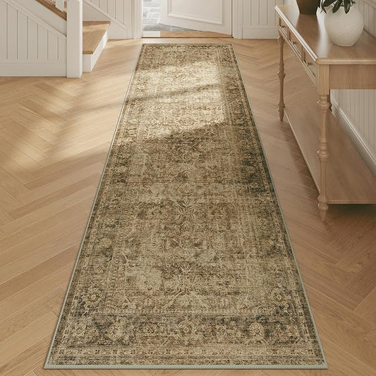 Fmfunctex 2x8 Runner Rug Brown Washable Vintage Neutral Distressed Non Slip Low Pile Indoor Carpet Soft Retro Floral Hallway Entryway Rug for Kitchen Living Room Bedroom Bathroom Laundry Entry Bedside