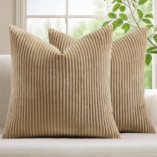 Mecatny Corduroy Decorative Throw Pillow Covers 16x16 Set of 2 for Sofa Living Room, Soft Neutral Boho Couch Pillow Covers for Home Decor, Khaki
