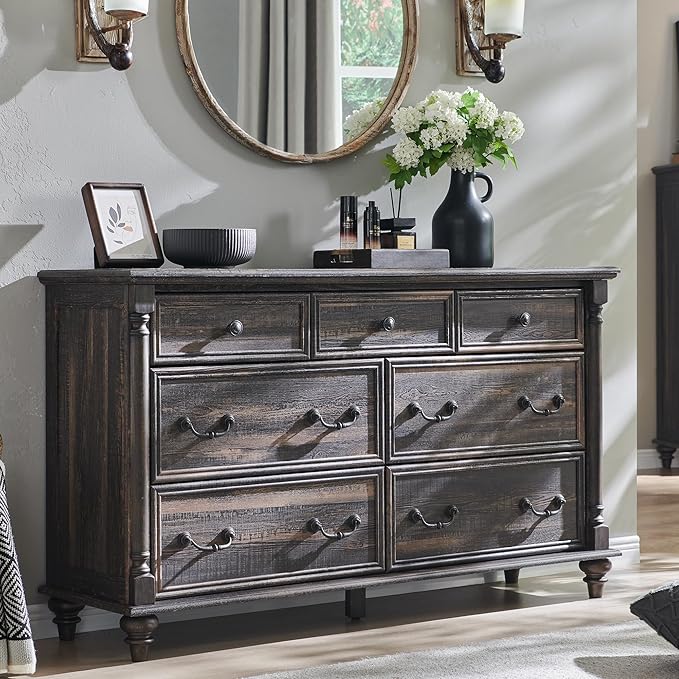 T4TREAM Farmhouse 7 Drawers Dresser Chests for Bedroom w/4 Solid Wood Feet & Column Design, Tall Wide Wooden Rustic Chest of Drawers, Storage Dressers for Bedroom, Living Room, Dark Rustic Oak