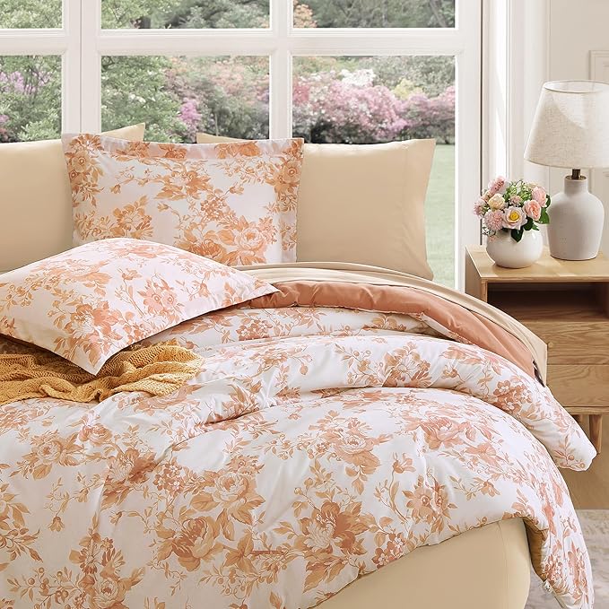 Full Comforter Set -7 Pieces Autumn Leaf Floral Comforter Set for All Seasons, Bed in a Bag Full with Botanical Flowers Comforter, Sheets, Pillowcases & Shams