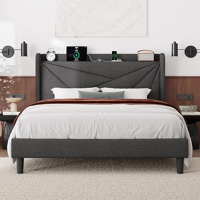 Feonase Full Bed Frame with Charging Station, Linen Upholstered Platform Bedframe with Wingback Headboard, Solid Wood Slats Support, Noise Free, No Box Spring Needed, Charcoal Grey