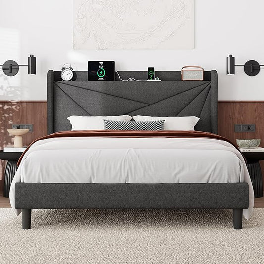 Feonase Full Bed Frame with Charging Station, Linen Upholstered Platform Bedframe with Wingback Headboard, Solid Wood Slats Support, Noise Free, No Box Spring Needed, Charcoal Grey