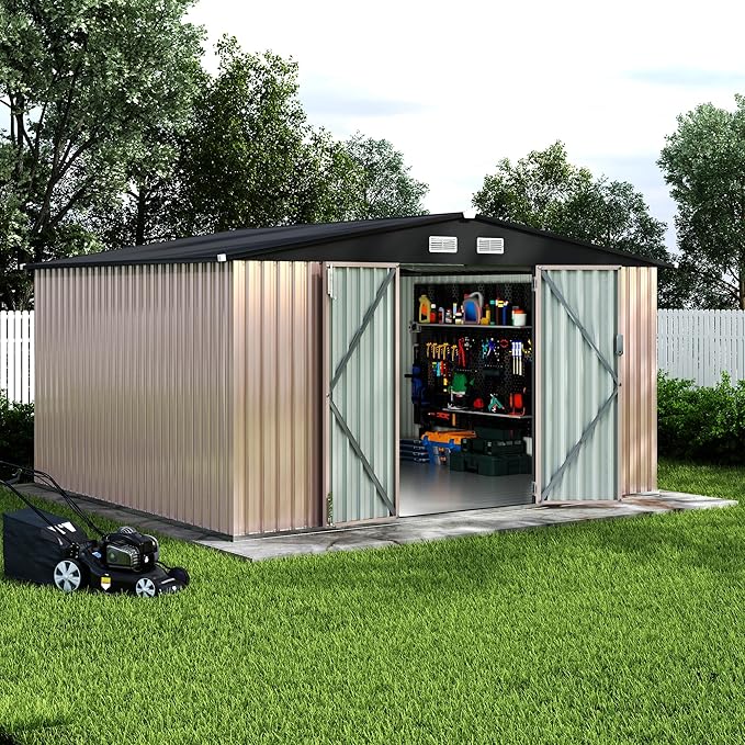 10x12 FT Metal Storage Sheds Outdoor, Metal ToolShed with Lockable Door, Metals Yard Sheds Metals Garden Shed Kit, MetalUtility Sheds Buildings with Air Vent for Backyard Garden Patio Lawn