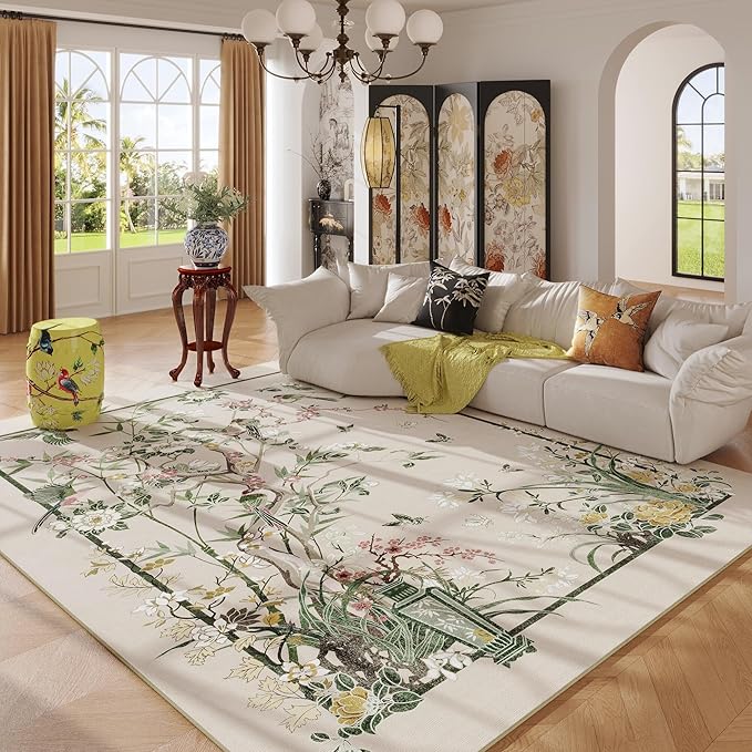 5x7 Area Rugs Chinoiserie-Style Floral Vintage Large Washable Rug Non Slip Low Pile for Living Room, Bedroom, Farmhouse, Dining Room, Kids Playroom, Beige