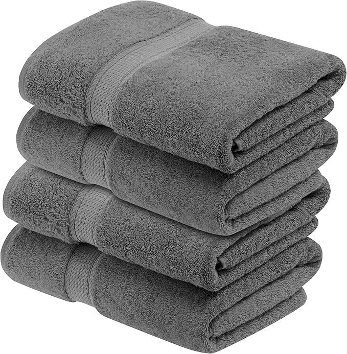 SUPERIOR Egyptian Cotton Pile Bath Towel Set of 4, Ultra Soft Luxury Towels, Thick Plush Essentials, Absorbent Heavyweight, Guest Bath, Hotel, Spa, Home Bathroom, Shower Basics, Charcoal