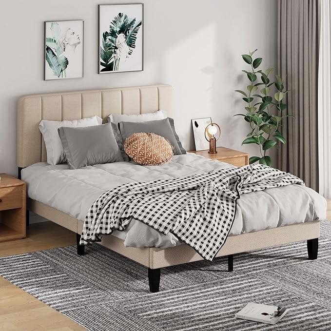 Full Size Bed Frame with Headboard,Fabric Upholstered Platform Bed Frame with Wooden Slats Support,No Box Spring Needed/Non-Slip Without Noise/Easy Assembly, Beige