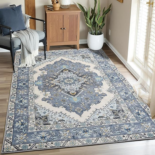 Vintage Area Rug 5x8 Rugs, Machine Washable Vintage Area Rug Non-Slip Low Pile Large Rug for Living Room, Bedroom, Farmhouse, Dining Room, Blue