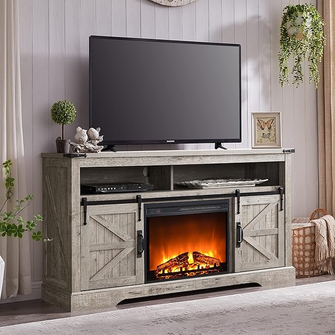 OKD Fireplace TV Stand for 65+ Inch TV, 33" Tall Highboy Farmhouse Entertainment Center w/ 23'' Electric Fireplace, Rustic Media Console w/Sliding Barn Door for Living Room, Light Rustic Oak