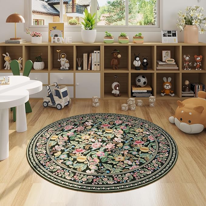 Round Rug 4ft Washable Circle Rug Non Slip Low Pile Vintage Floral Small Circular Rug for Bedroom, Bathroom, Entryway, Kids Room, Office, Green
