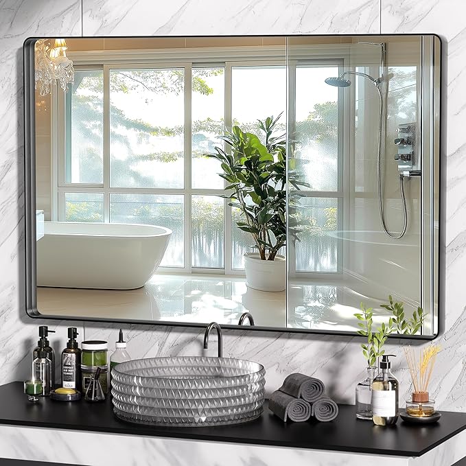 Hasipu Black Bathroom Mirror for Wall, 55 x 36 Inch Metal Framed Bathroom Mirrors for Over Sink, Rectangle Bathroom Vanity Mirror, Anti-Rust, Tempered Glass, Horizontal or Vertical