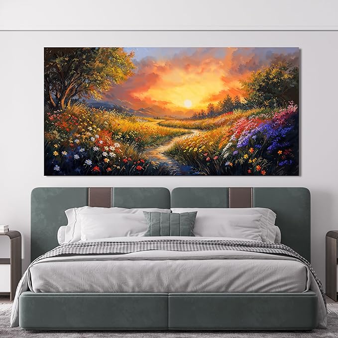 Canvas Wall Art Decor Oversized Wall Art Pictures for Living Room Large Vintage Landscape Wall Art Prints Canvas Art Wall Decor Wildflower River Artwork for Walls Bedroom Home Wall Art Decor 29" X 58"