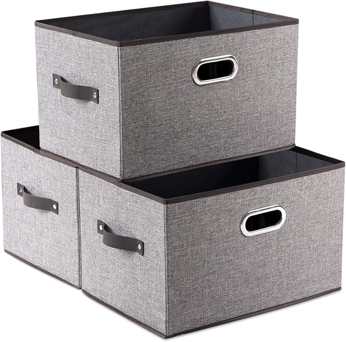 PRANDOM Larger Collapsible Storage Bins for Closet [3-Pack] Decorative Linen Fabric Storage Baskets Cubes with Leather/Metal Handles for Living Room Cloth Grey and Black Trim (17.3x12.2x10.4 Inch)