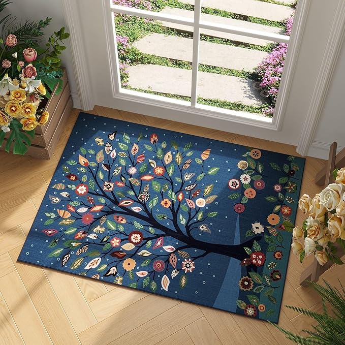 Door Mat Indoor Entrance 2x3 Rug Floral Tree Machine Washable Small Area Rug Bohemian Non-Slip Low Pile Throw Rugs for Entryway, Kitchen, Front Door Indoor Entrance, Entry, Kids Room, Blue
