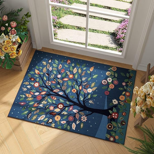 Door Mat Indoor Entrance 2x3 Rug Floral Tree Machine Washable Small Area Rug Bohemian Non-Slip Low Pile Throw Rugs for Entryway, Kitchen, Front Door Indoor Entrance, Entry, Kids Room, Blue
