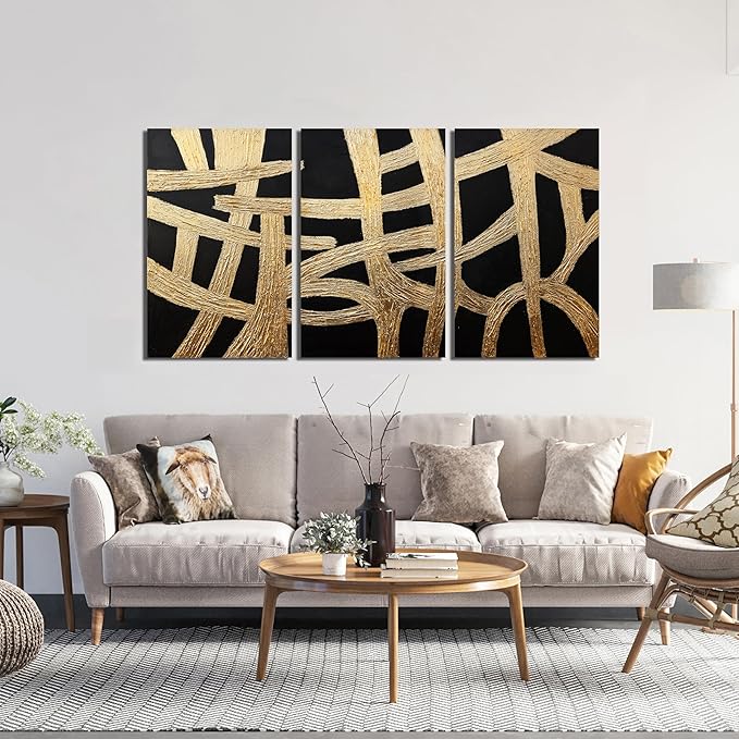 Canvas Wall Art Decor Large Wall Art Pictures for Living Room Black And Gold Wall Art Decor Artwork for Walls Abstract Textured Wall Art Prints Art Work For Room Office Home Wall Decor 24" X 36" *3pcs