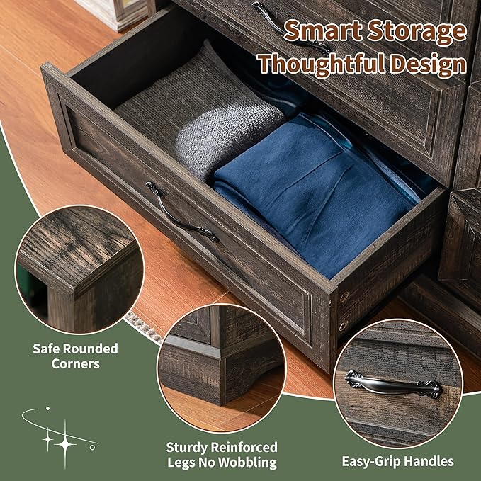 Dressers for Bedroom,6 Drawers Dresser with LED Light,Power Outlets and Open Shelves,Chests of Drawers for 65 inch TV, for Hallway, Entryway, Dark Rustic Oak