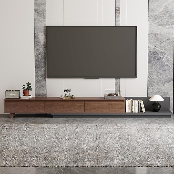 Mid-Century Modern Extendable TV Stand with Ample Storage for Living Room – Adjustable TV Cabinet from 78.7" to 130", 3-Drawer Entertainment Center, Walnut